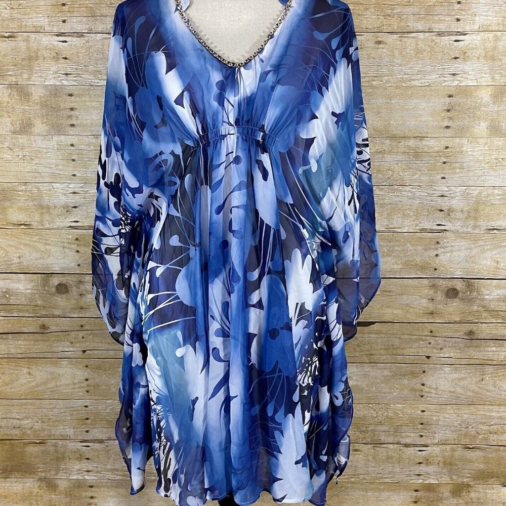 Jennifer Lopez Caftan Dress Womens XS Blue Floral Kaftan Kimono Embellished NWT